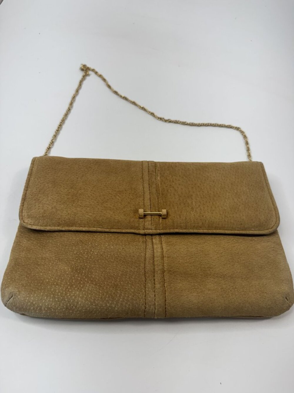 Vintage Tan Suede Clutch With Gold Chain Strap Snap Closure & Inner Zipper Pocke